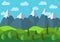 Vector panoramic mountain cartoon landscape. Natural landscape in the flat style with blue sky