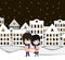 Vector Paper Art Style Winter in the Village with Couple of Lovers, Cute Illustration Template.