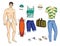 Vector paper doll man with colorful set of stylish summer outfit with accessories and shoes.