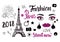 Vector Paris Fashion symbols. Hand drawing Eiffel tower and inscriptions lettering isolated on white background.