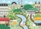 Vector Paris landscape illustration. French capital city scene with sights, buildings, Eiffel tower, bakery. Cute France