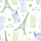 Vector Paris Streets Blue Green Drawing Seamless Pattern with Eiffel Tower, houses, cars and stars. Perfect for travel