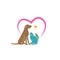 Vector of parrot, cat, dog and hummingbird with pink heart shape on white background. Veterinary icon with pet. Pet Care. Banners