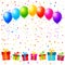 Vector party background with colorful balloons, gifts and confeti