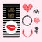 Vector party greeting or invintation card with black and white stripes and red lipstic stamp. Set of decorative elements: hand dra