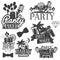 Vector party maker set of emblems, badges, stickers or banners. Design elements in miami vintage style. Isolated