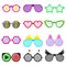 Vector party sunglasses or eyeglasses set in funny shape. Accessories for hipsters fashion optical spectacles eyesight