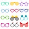 Vector party sunglasses or eyeglasses set in funny shape. Accessories for hipsters fashion optical spectacles eyesight