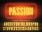 Vector passion night light sign and narrow bold yellow neon font with numbers on brick wall background