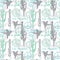 Vector Pastel California Animals Travel Seamless Pattern with Los Angeles, San Francisco, Hummingbirds, and Peace