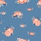 Vector Pastel Delicate Orange Roses on Blue seamless pattern background