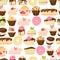 Vector pastry seamless pattern with cakes, pies, profiterole, muffins, cupcakes and eclair with chocolate, fruits and berry