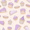 Vector pastry seamless pattern with cakes, pies, tarts, muffins