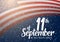 Vector Patriot Day Poster. Paper Lettering September 11th on Realistic American Flag Background with Confetti