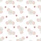 Vector pattern of cartoon rat heads with strawberry on white background. Doodle illustration of cartoon mouses. Seamless pattern