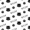 Vector pattern with cat, paw prints and meow word. Printable, monochrome background
