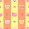 Vector pattern with a cat on a striped background. Children s seamless background with cartoon cat faces heart and paws