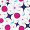 Vector pattern with chaotic four-corner stars, organic shapes, stars in lila, blue and navy color on white background.