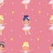 Vector pattern. Cute fairy tale princesses ballerinas, crowns. Fairytale pattern for girls