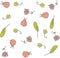 Vector pattern of cute ladybugs, flowers and leaves. Cartoon style.