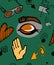 Vector pattern depicted on a green background. An image of eyes hands and various elements.