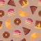 Vector pattern with donuts, cakes, waffles, croissants