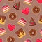 Vector pattern with donuts, cakes, waffles and hearts