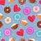 Vector pattern of donuts, cappuccino cups and red hearts