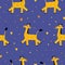 Vector pattern of funny cartoon giraffes on a dark purple background. Yellow smiling giraffes walk one after another in
