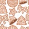 vector pattern with gingerbread, Christmas sweets, tree, bow, ball and star made of dough with white icing