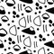 Vector pattern irregular black and white retro shappes, seamless pattern. Black vintage elements on white background.