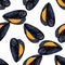 Vector pattern of an open orange mussel with a gray blue shell. seamless pattern hand-drawn in the style of a sketch of seafood