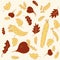 Vector pattern in pastel autumn colors, vegetables (beets and peas) and leaves