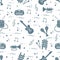 Vector pattern of sheet music and different musical toys: guitar