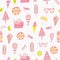 Vector pattern, summer texture with ice cream, ice cons, lemon slices, fishes, lemonade, fish, trendy 2020.