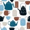 Vector  pattern with teapots, cups and cans for tea.