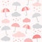 Vector pattern with umbrella, cloud and heart rain. Valentine`s day seamless background. Cute design for baby girl shower.