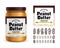Vector peanut butter label. Glass jar mockup. Peanut shells and seeds icons