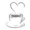Vector pencil drawing of a Cup of coffee or tea with steam in the form of a heart. Isolated on a white background