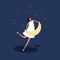 Vector person dream modern illustration. Trendy style female in dress fly over the moon to star isolated on blue night sky