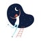 Vector person dream modern illustration. Trendy style female in dress fly over to star and stairway isolated on blue night sky