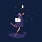 Vector person dream modern illustration. Trendy style female fly over the moon to star isolated on blue night sky background.