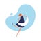 Vector person dream modern illustration. Trendy style happy female in dress dance holding moon isolated on blue night sky shape.