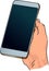 Vector phone in human hand. Smart adult smartphone with blank dark screen