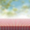 Vector picnic table covered with tablecloth on blurred background. - Vector