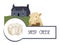 Vector picture sheep on the background of a house with a lawn and cheese