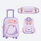 Vector pictures of luggage. Different suitcases - closed, standing on wheels and a travel backpack in purple and pink