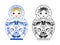 Vector pictures of russian matryoshka painted at gzhel style. Colored and linear illustrations