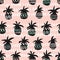 Vector pink and black patterned pineapple silhouettes seamless pattern background