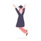 Vector Pink hair female graduate student jumping in air, raised arms up, demonstrate degree diploma. Trendy modern